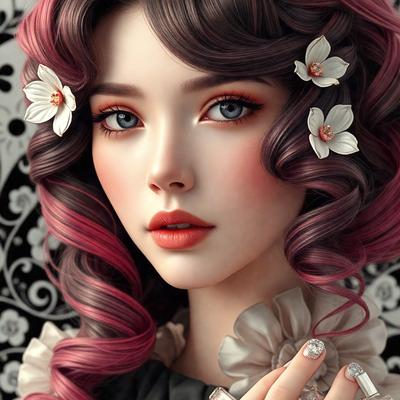 The primary subject of the image is a woman with pink hair, wearing a black dress and holding a cigarette. She is posing for the camera with a confident and stylish expression. The setting is a black and white background, which adds a vintage feel to the image. The visual style is a digital art, illustration, or drawing, showcasing the woman's beauty and the intricate details of her outfit. The colors and mood of the image are predominantly dark and dramatic,